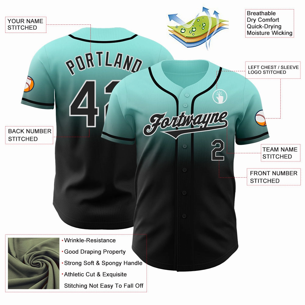 Custom Ice Blue Black-White Authentic Fade Fashion Baseball Jersey
