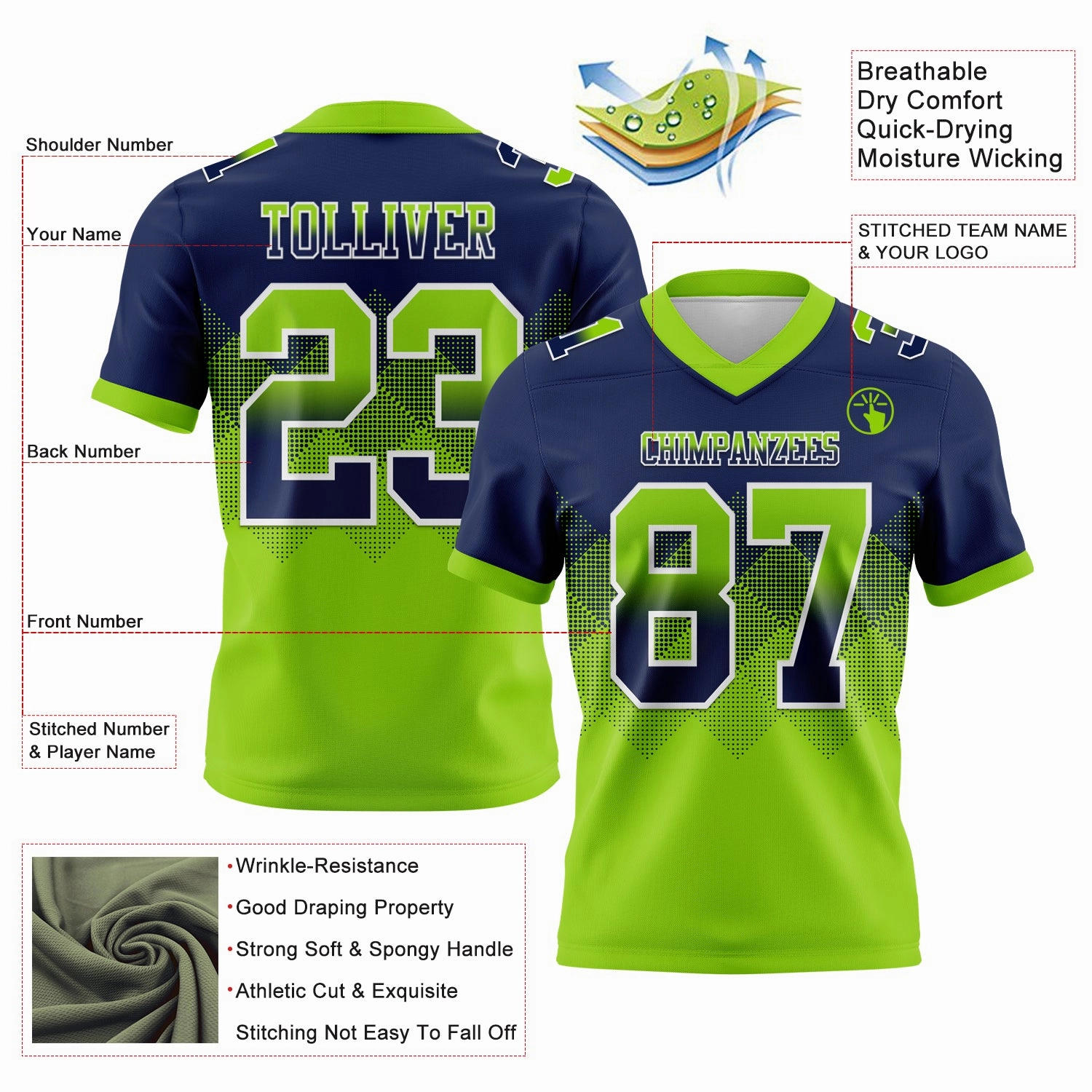Custom Navy Neon Green-White Mesh Authentic Gradient Square Shape Flag Football Jersey