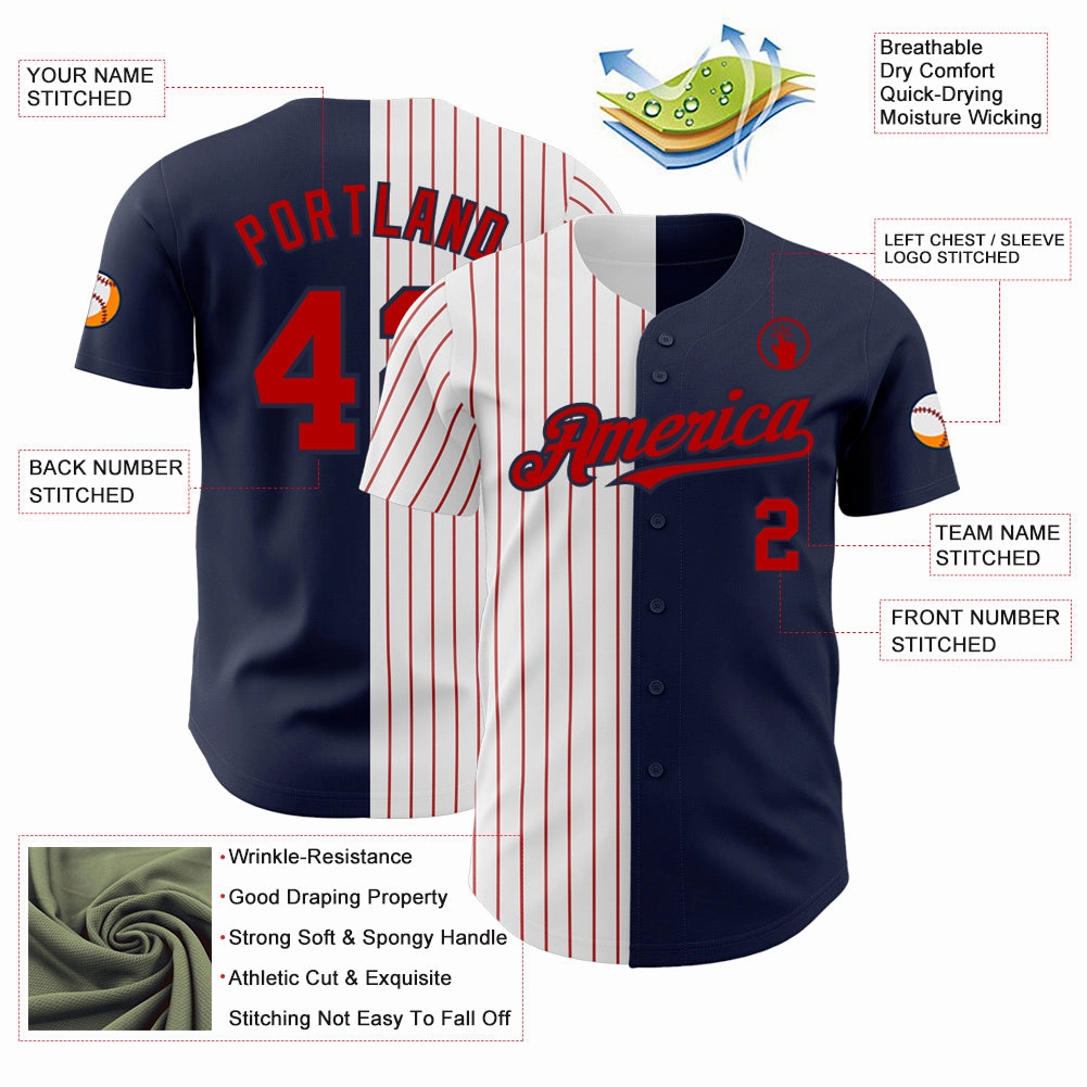 Custom Navy White-Red Pinstripe Authentic Split Fashion Baseball Jersey