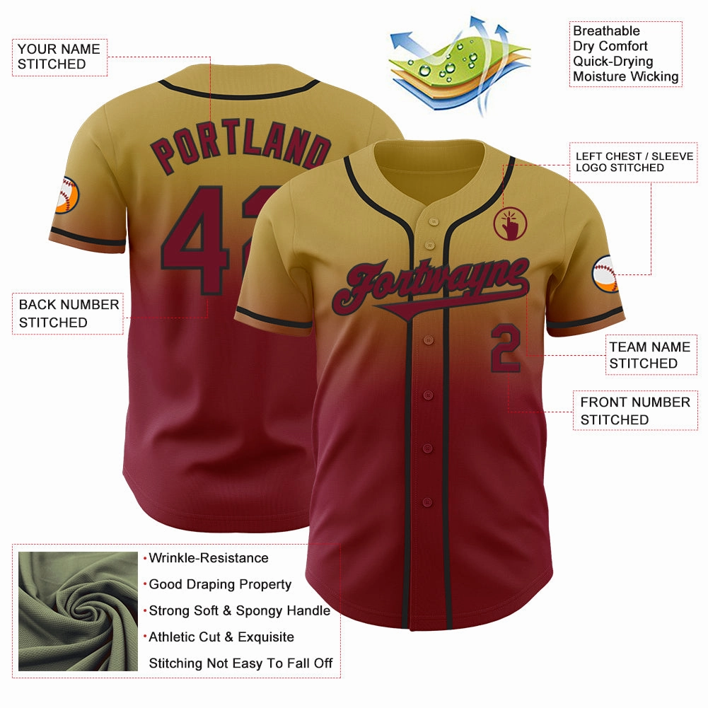 Custom Old Gold Crimson-Black Authentic Fade Fashion Baseball Jersey