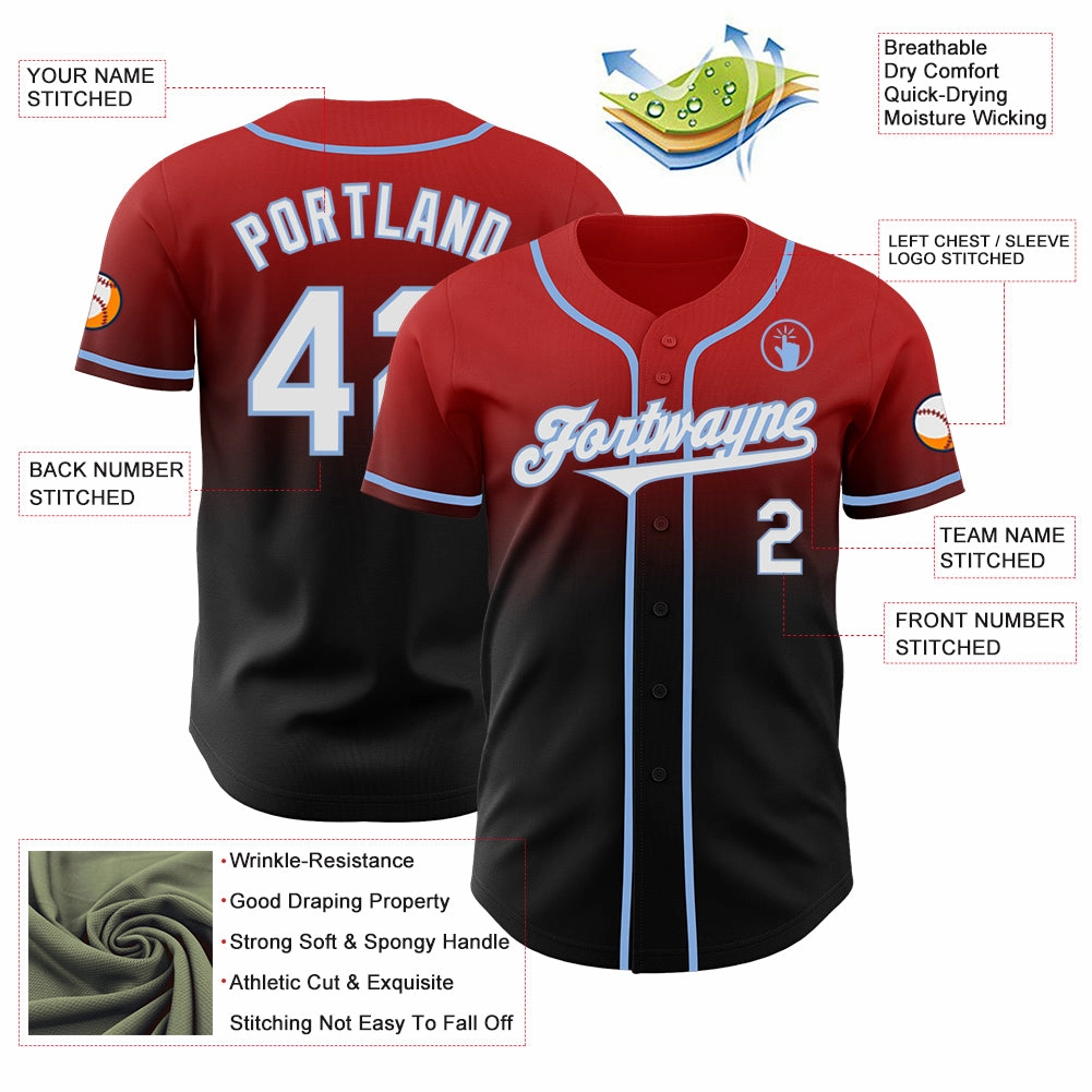 Custom Red Black-Light Blue Authentic Fade Fashion Baseball Jersey