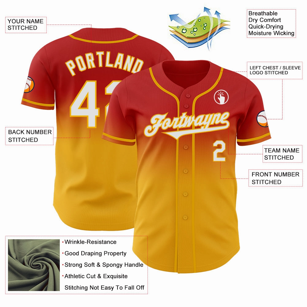 Custom Red White-Gold Authentic Fade Fashion Baseball Jersey