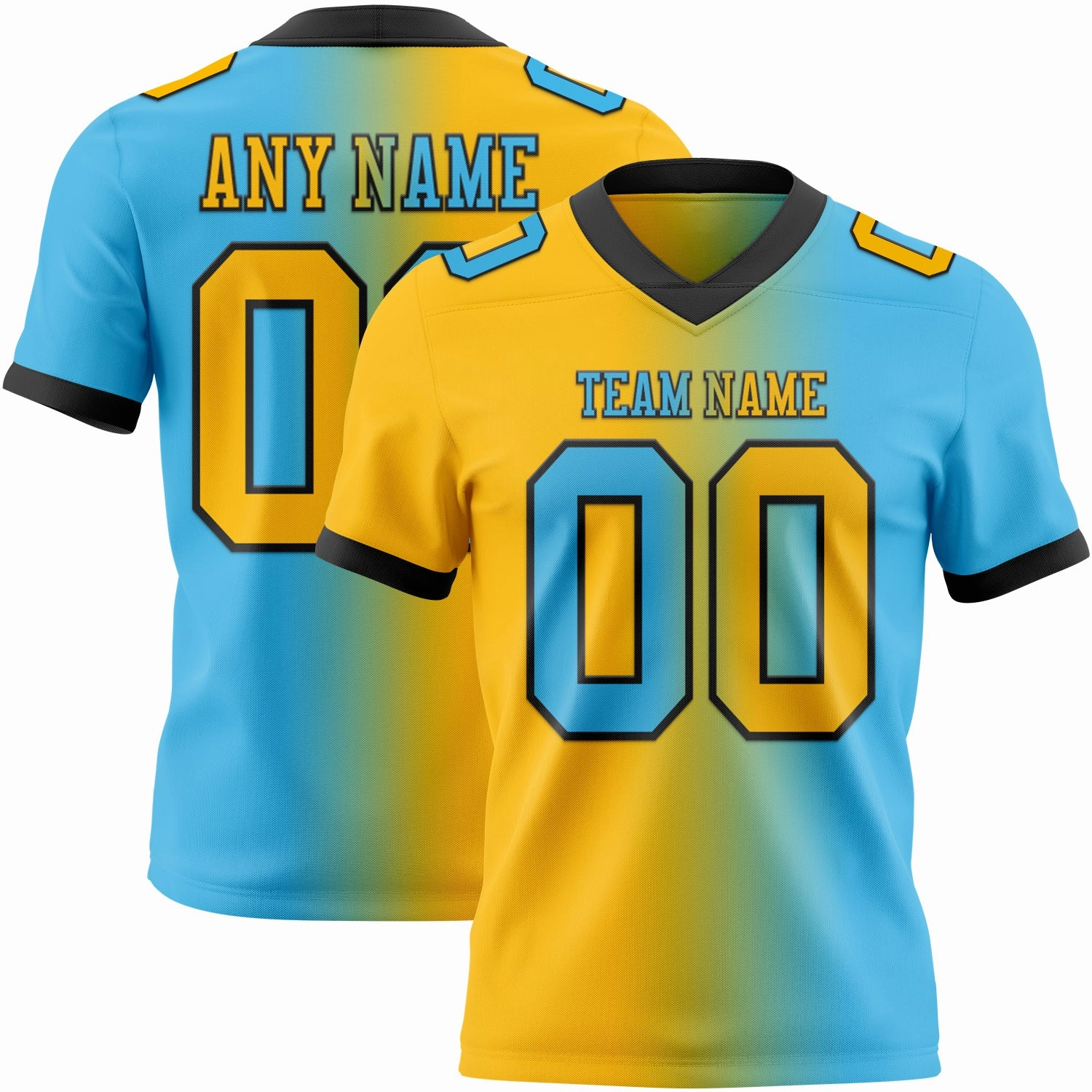 Custom Sky Blue Gold-Black Mesh Authentic Gradient Fashion Football Jersey
