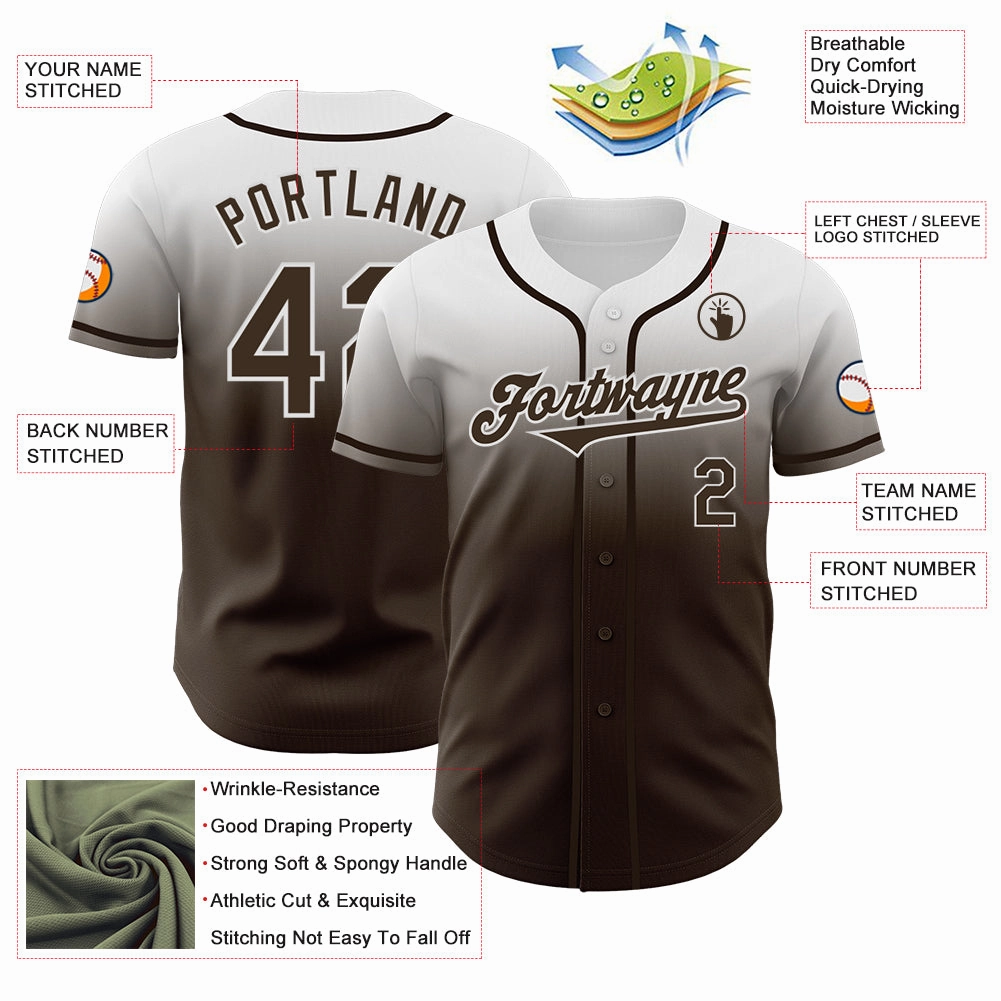 Custom White Brown Authentic Fade Fashion Baseball Jersey
