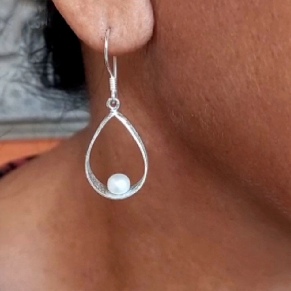 Elegant Teardrop Pearl Earrings - Sterling Silver, Indonesia