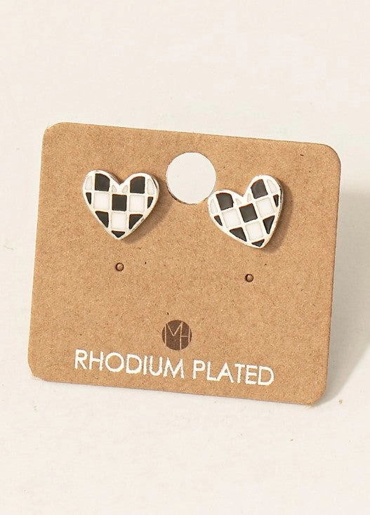Gold Dipped Epoxy Checkered Heart Stud Earrings