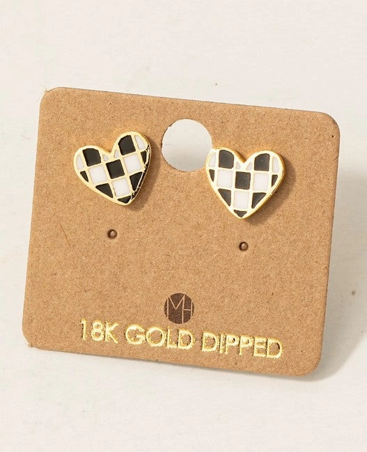 Gold Dipped Epoxy Checkered Heart Stud Earrings