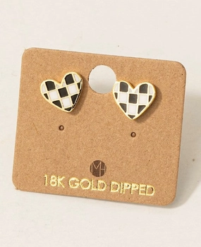 Gold Dipped Epoxy Checkered Heart Stud Earrings