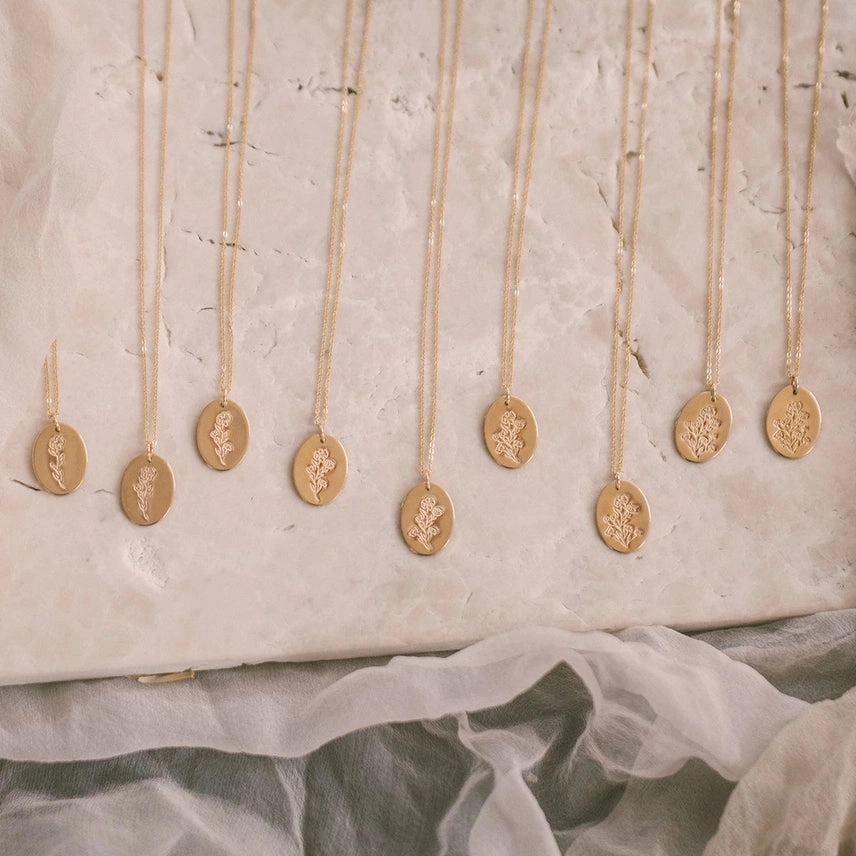 Gold Filled Family Florals Oval Disc Necklace - 3 Blooms