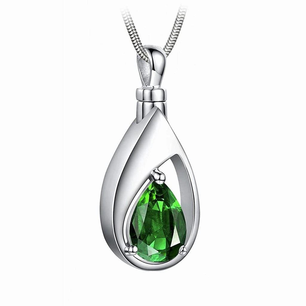 J-1300 Silver-tone Teardrop with Birthstone Simulated Gem- Pendant with Chain