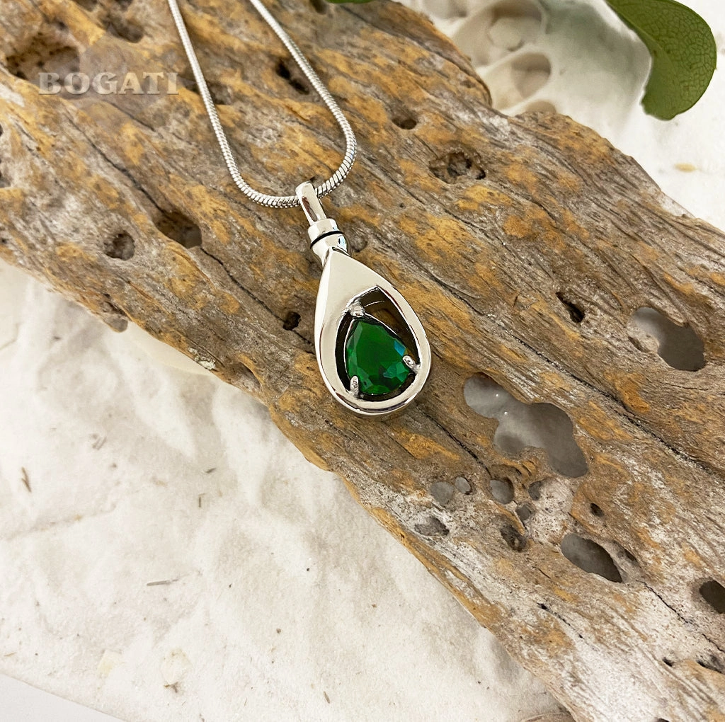 J-1300 Silver-tone Teardrop with Birthstone Simulated Gem- Pendant with Chain