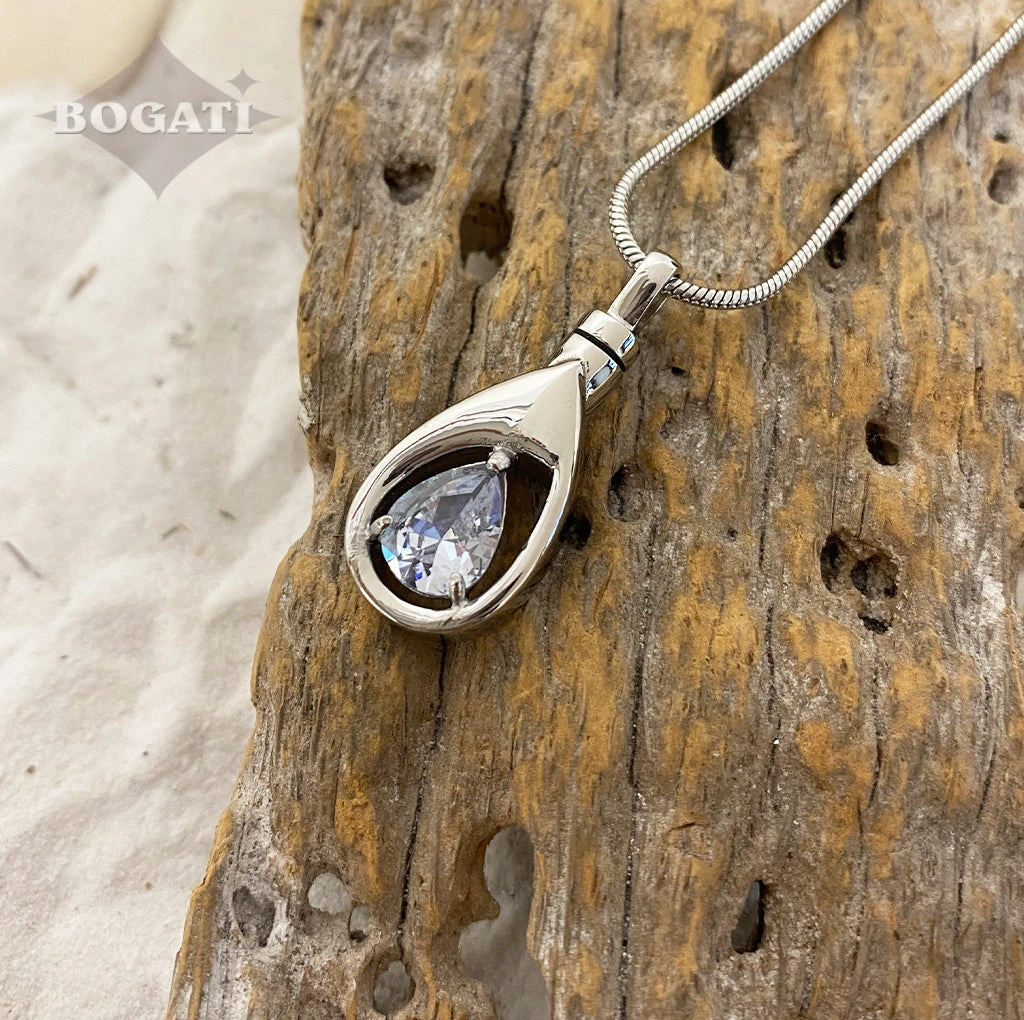 J-1300 Silver-tone Teardrop with Birthstone Simulated Gem- Pendant with Chain