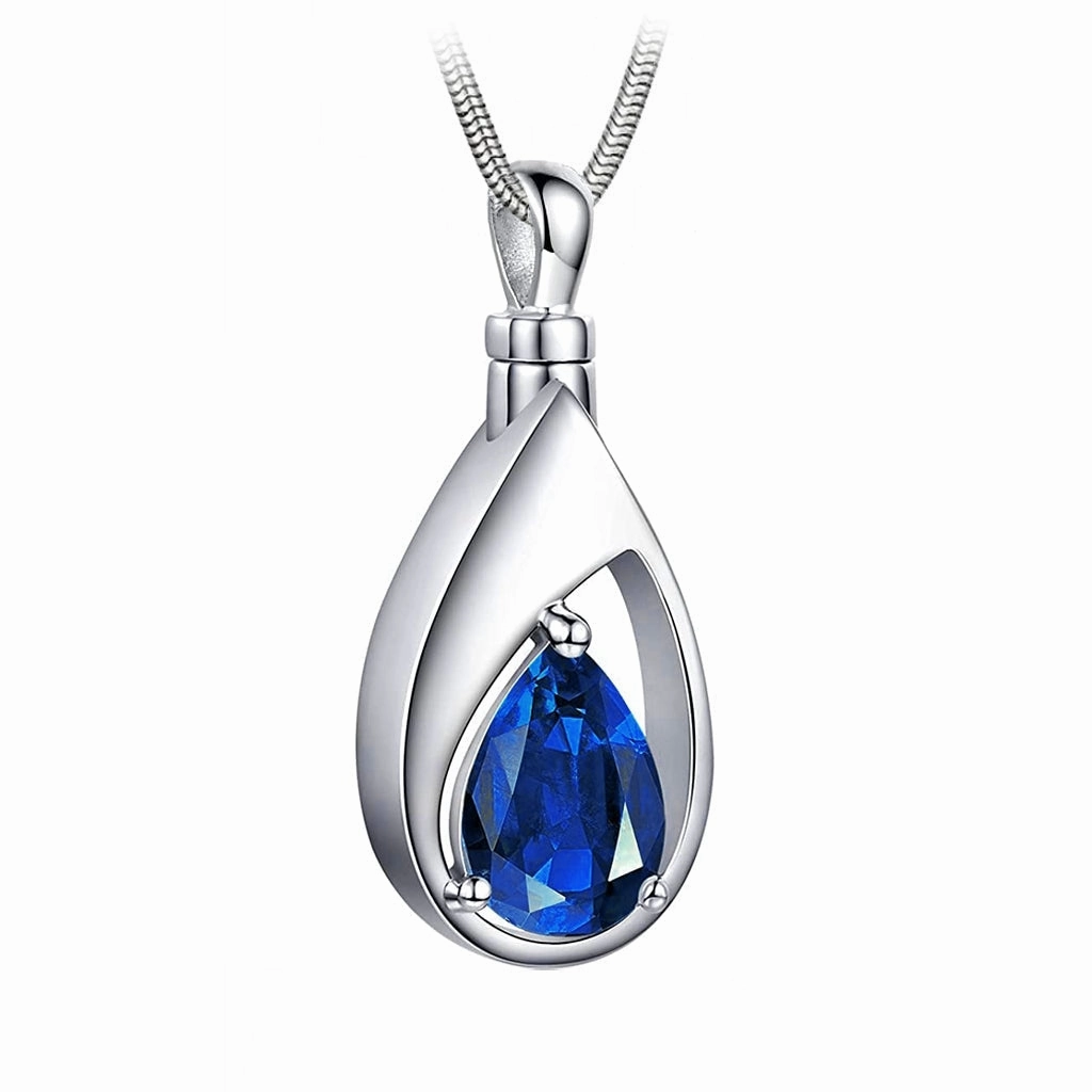 J-1300 Silver-tone Teardrop with Birthstone Simulated Gem- Pendant with Chain