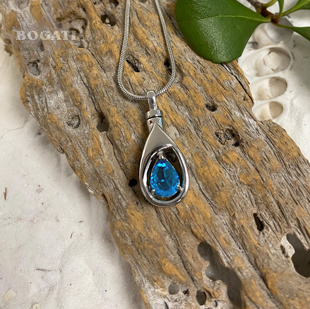 J-1300 Silver-tone Teardrop with Birthstone Simulated Gem- Pendant with Chain