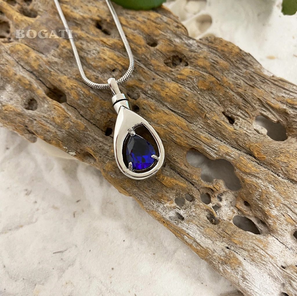 J-1300 Silver-tone Teardrop with Birthstone Simulated Gem- Pendant with Chain