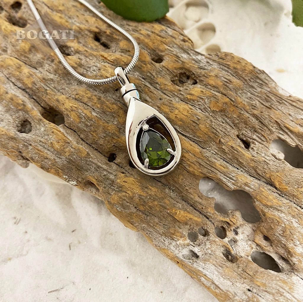 J-1300 Silver-tone Teardrop with Birthstone Simulated Gem- Pendant with Chain