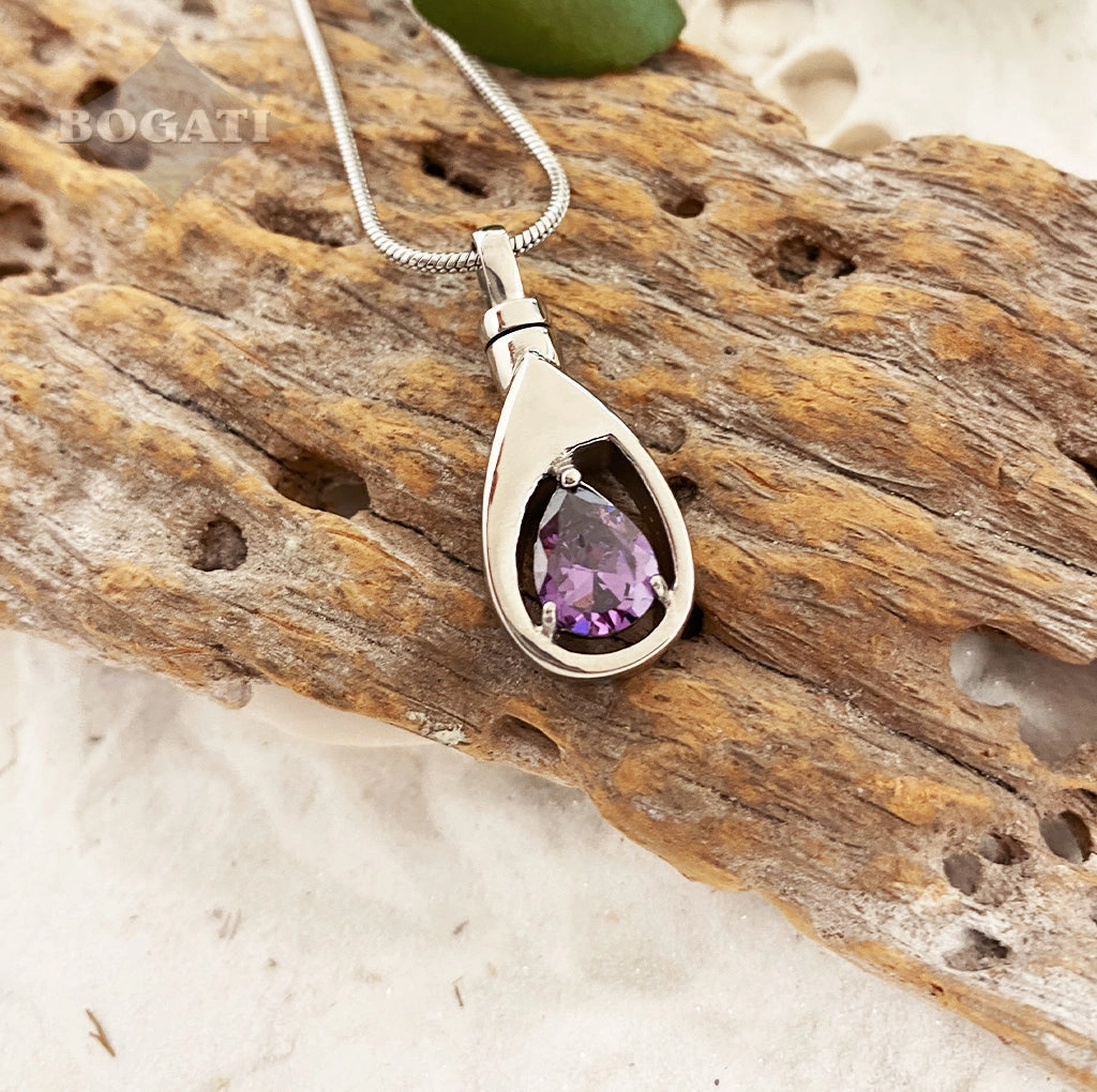 J-1300 Silver-tone Teardrop with Birthstone Simulated Gem- Pendant with Chain