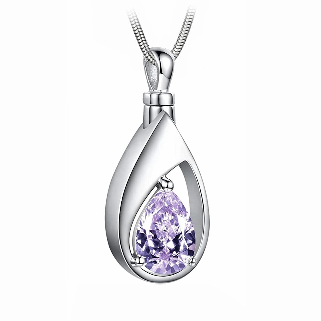 J-1300 Silver-tone Teardrop with Birthstone Simulated Gem- Pendant with Chain