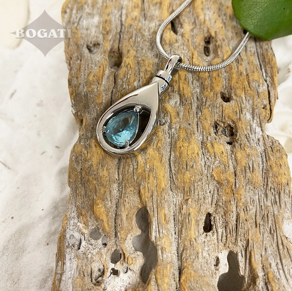 J-1300 Silver-tone Teardrop with Birthstone Simulated Gem- Pendant with Chain