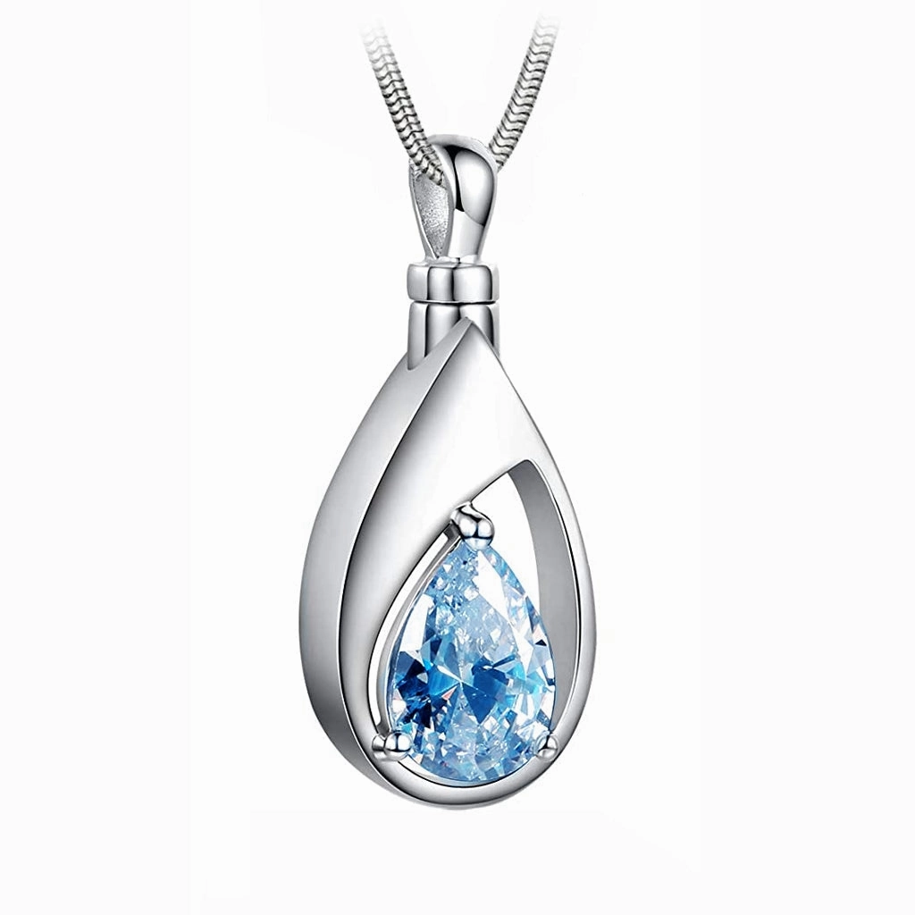 J-1300 Silver-tone Teardrop with Birthstone Simulated Gem- Pendant with Chain