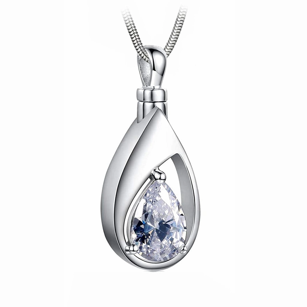J-1300 Silver-tone Teardrop with Birthstone Simulated Gem- Pendant with Chain
