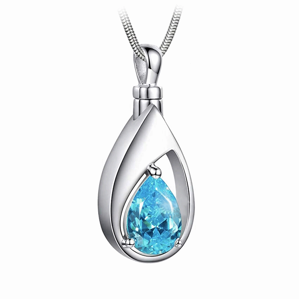 J-1300 Silver-tone Teardrop with Birthstone Simulated Gem- Pendant with Chain
