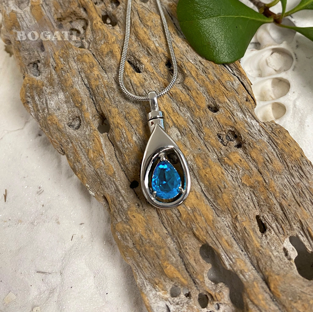 J-1300 Silver-tone Teardrop with Birthstone Simulated Gem- Pendant with Chain