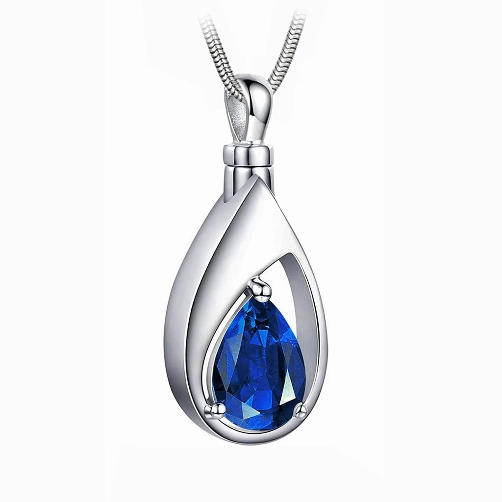 J-1300 Silver-tone Teardrop with Birthstone Simulated Gem- Pendant with Chain