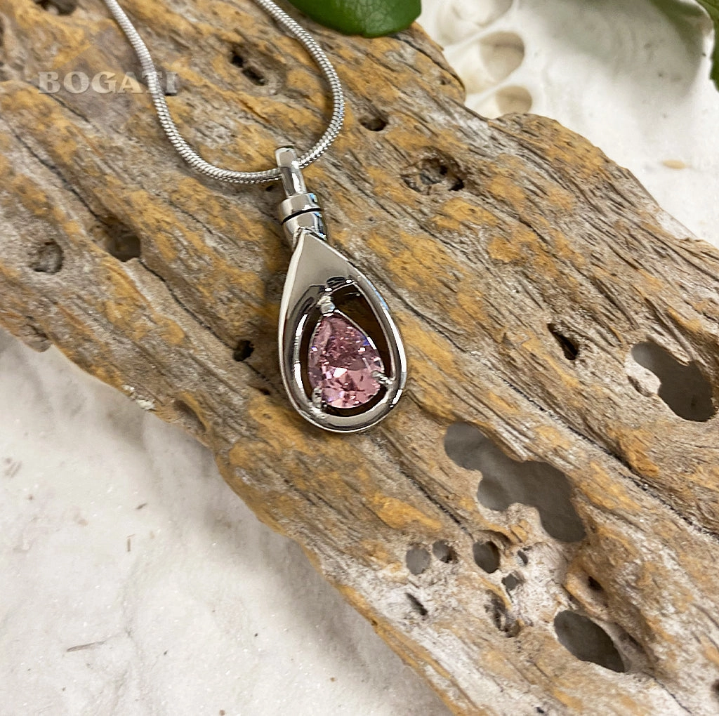 J-1300 Silver-tone Teardrop with Birthstone Simulated Gem- Pendant with Chain