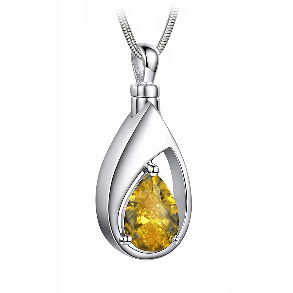 J-1300 Silver-tone Teardrop with Birthstone Simulated Gem- Pendant with Chain