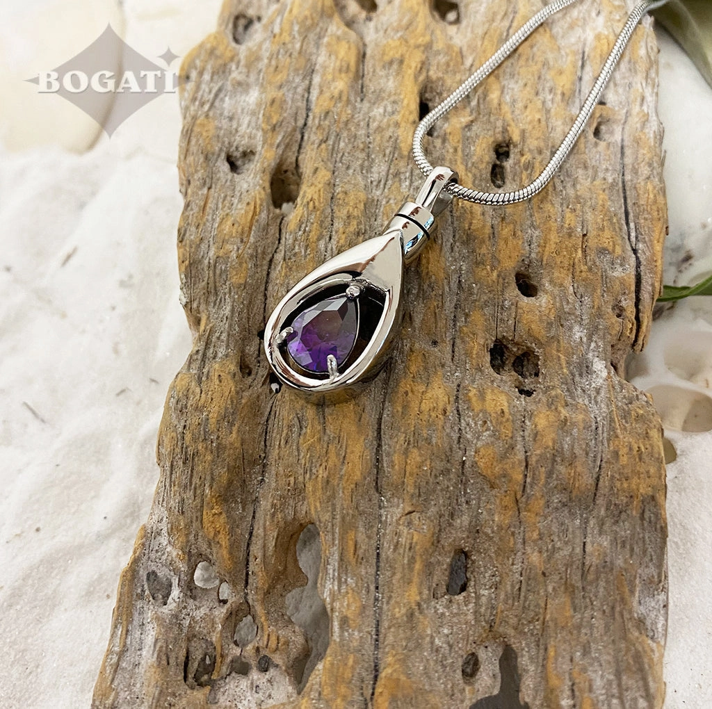 J-1300 Silver-tone Teardrop with Birthstone Simulated Gem- Pendant with Chain