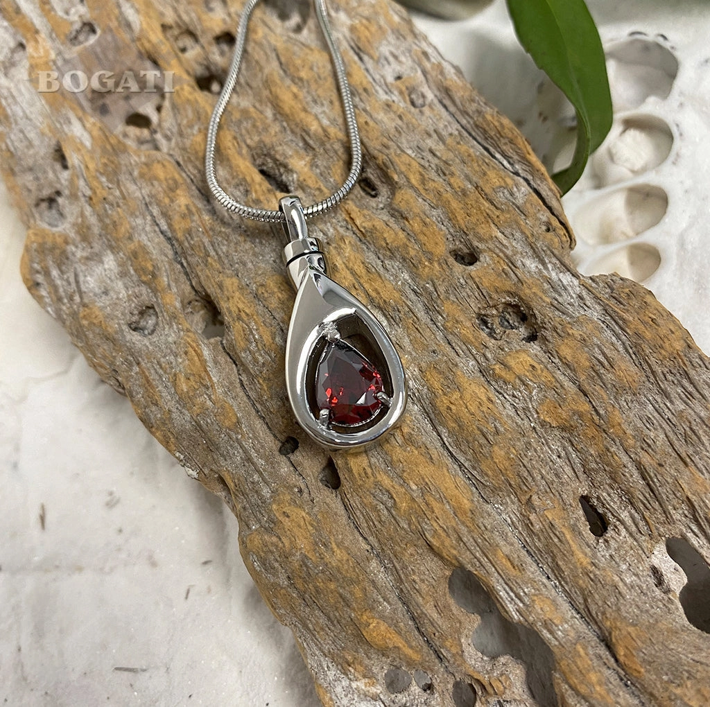 J-1300 Silver-tone Teardrop with Birthstone Simulated Gem- Pendant with Chain
