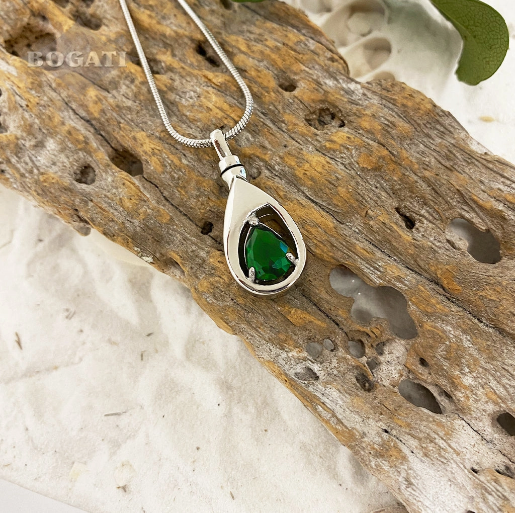 J-1300 Silver-tone Teardrop with Birthstone Simulated Gem- Pendant with Chain