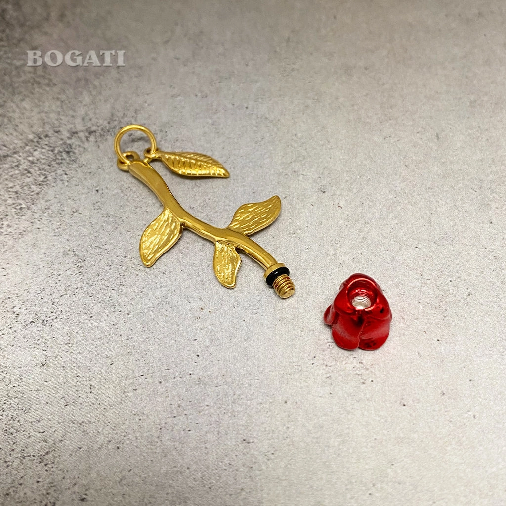 J-2324 - Rose Flower with Stem and Leaves - BOGATI EXCLUSIVE! - Pendant with Chain