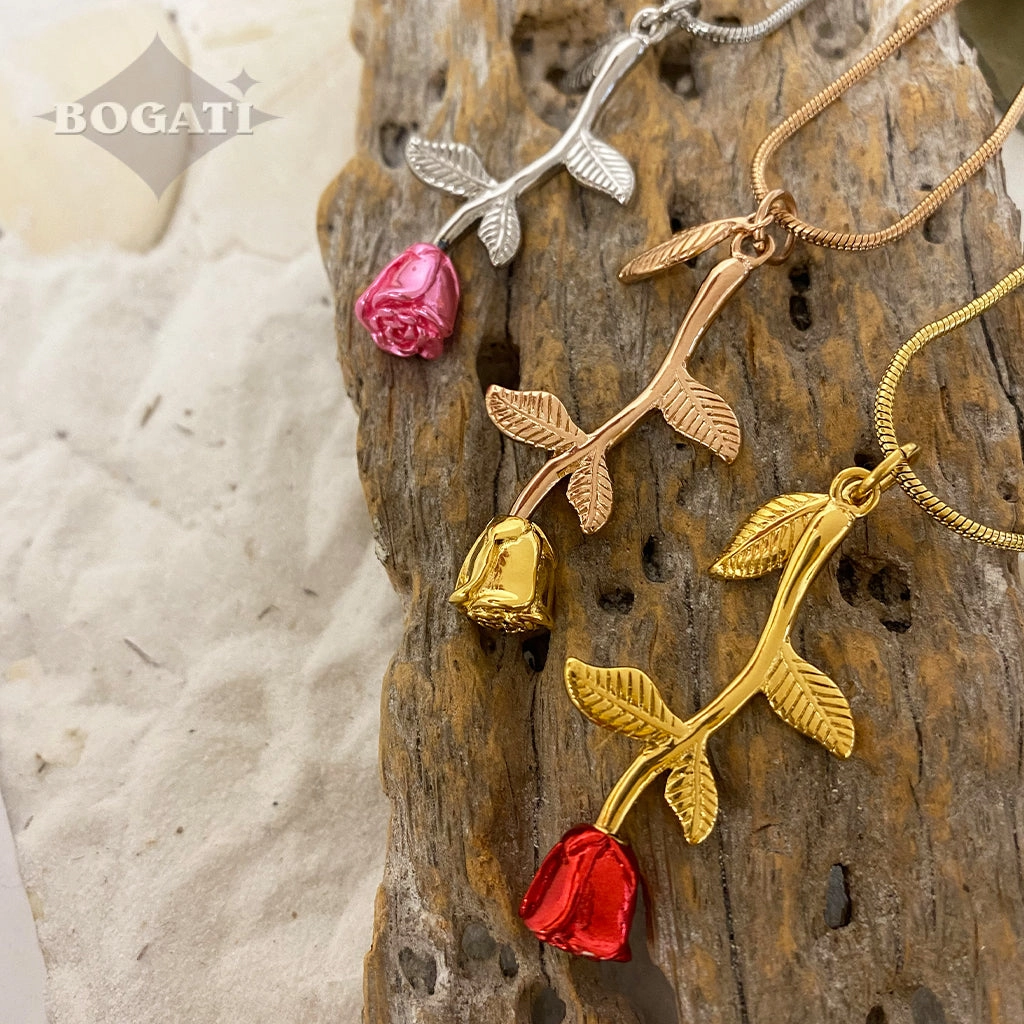 J-2324 - Rose Flower with Stem and Leaves - BOGATI EXCLUSIVE! - Pendant with Chain