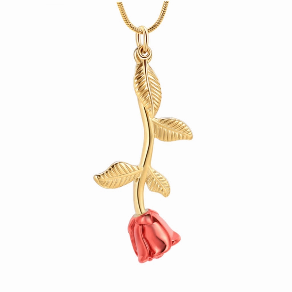 J-2324 - Rose Flower with Stem and Leaves - BOGATI EXCLUSIVE! - Pendant with Chain