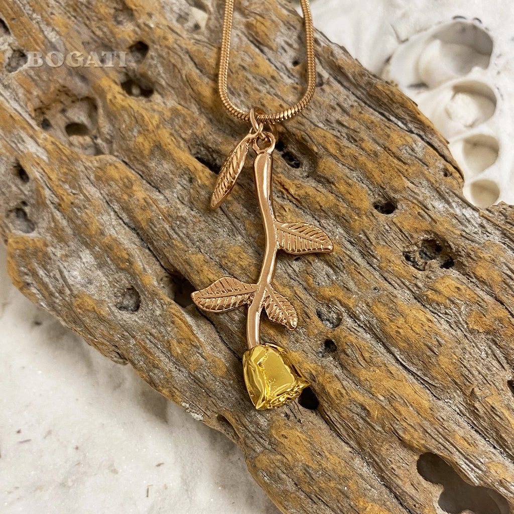 J-2324 - Rose Flower with Stem and Leaves - BOGATI EXCLUSIVE! - Pendant with Chain