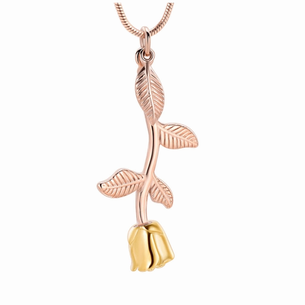 J-2324 - Rose Flower with Stem and Leaves - BOGATI EXCLUSIVE! - Pendant with Chain
