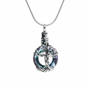 J-2510 - Iridescent Cut Glass Circle with Tree of Life - Pendant with Chain