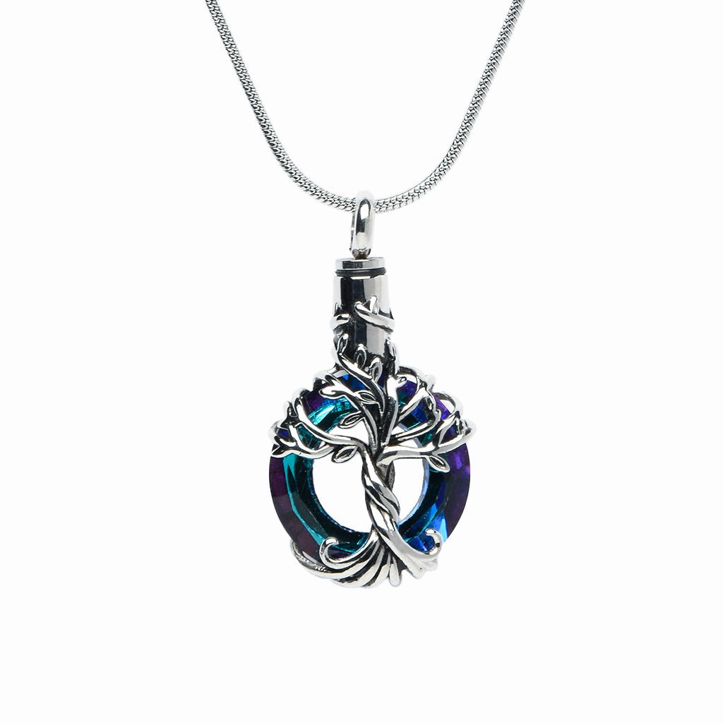J-2510 - Iridescent Cut Glass Circle with Tree of Life - Pendant with Chain