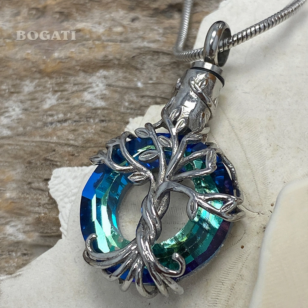 J-2510 - Iridescent Cut Glass Circle with Tree of Life - Pendant with Chain
