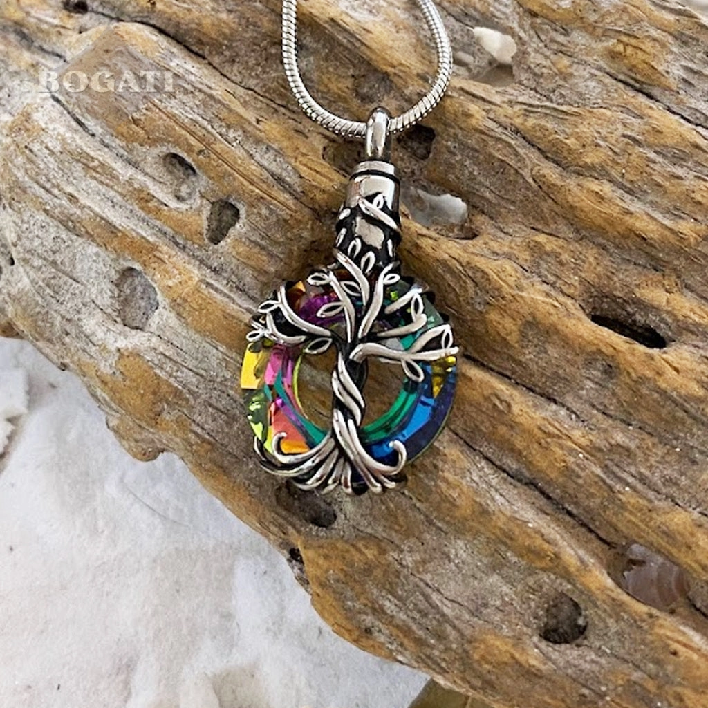 J-2510 - Iridescent Cut Glass Circle with Tree of Life - Pendant with Chain