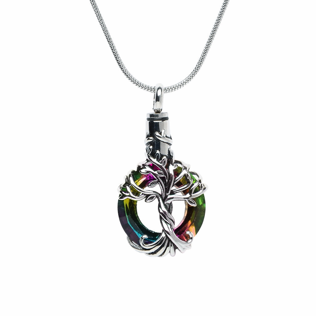 J-2510 - Iridescent Cut Glass Circle with Tree of Life - Pendant with Chain