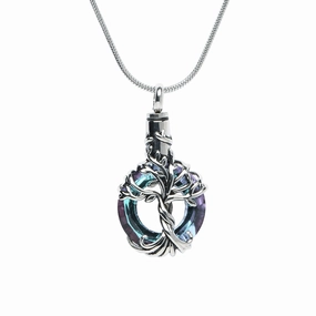 J-2510 - Iridescent Cut Glass Circle with Tree of Life - Pendant with Chain