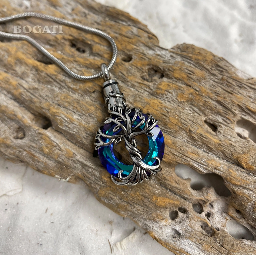 J-2510 - Iridescent Cut Glass Circle with Tree of Life - Pendant with Chain