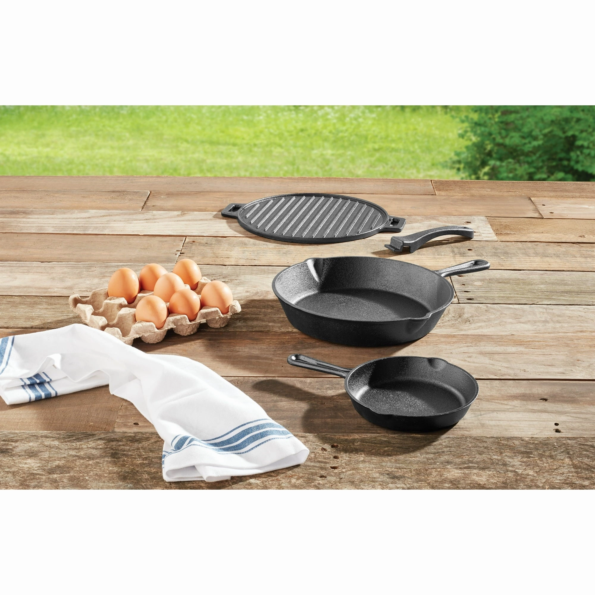 Ozark Trail 4-Piece Cast Iron Skillet Set with Handles and Griddle, Pre-Seasoned, 6", 10.5", 11"