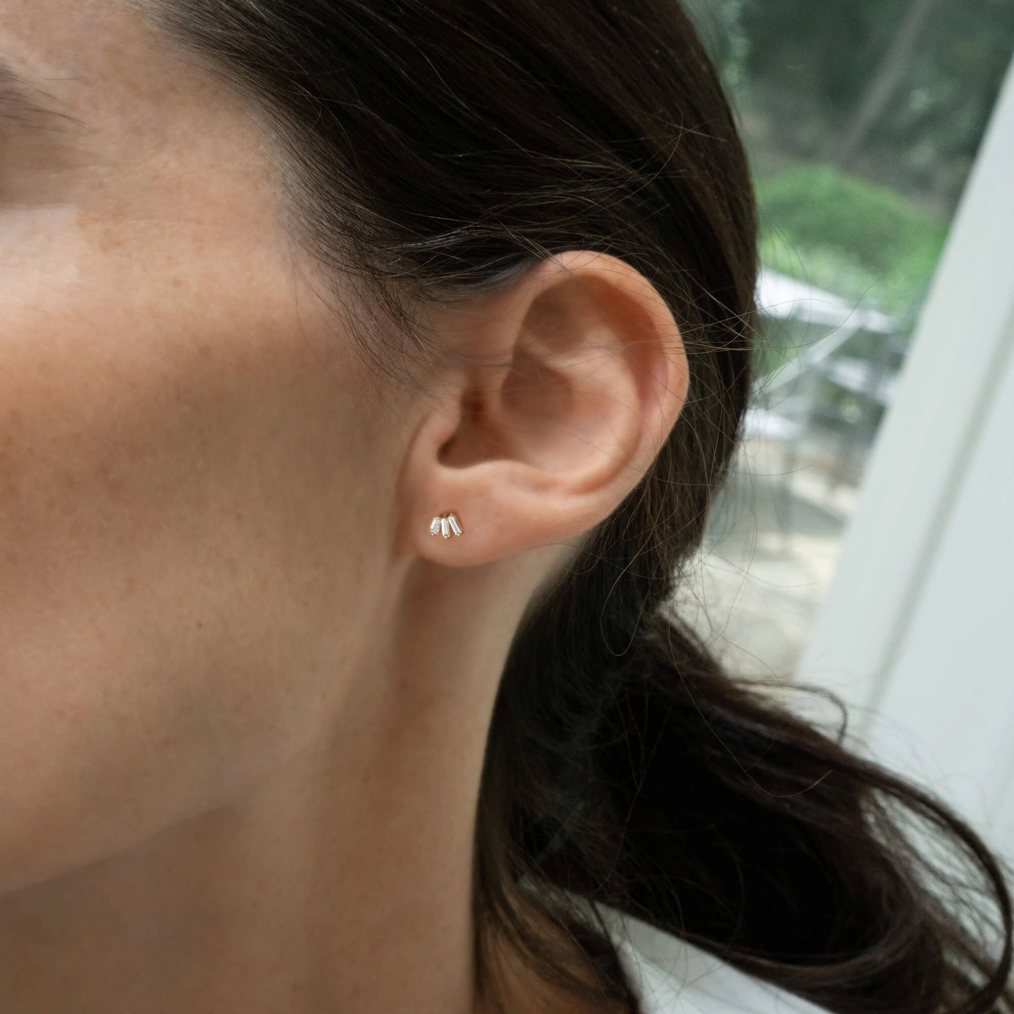 Reclaimed 18k Yellow Gold and Baguette Diamond Earrings, 3 Diamonds