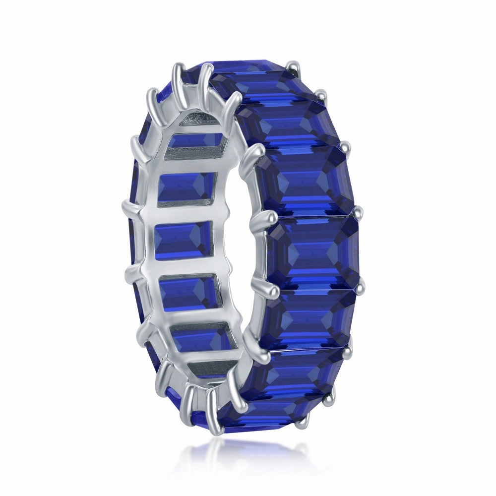 Sterling Silver 6mm Created Sapphire Rectangle Radiant-Cut Eternity Band Ring - W-2324