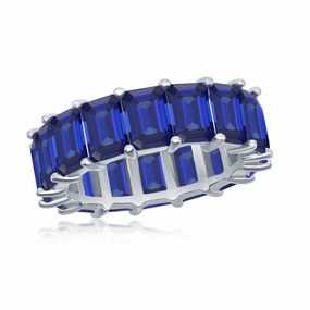 Sterling Silver 6mm Created Sapphire Rectangle Radiant-Cut Eternity Band Ring - W-2324
