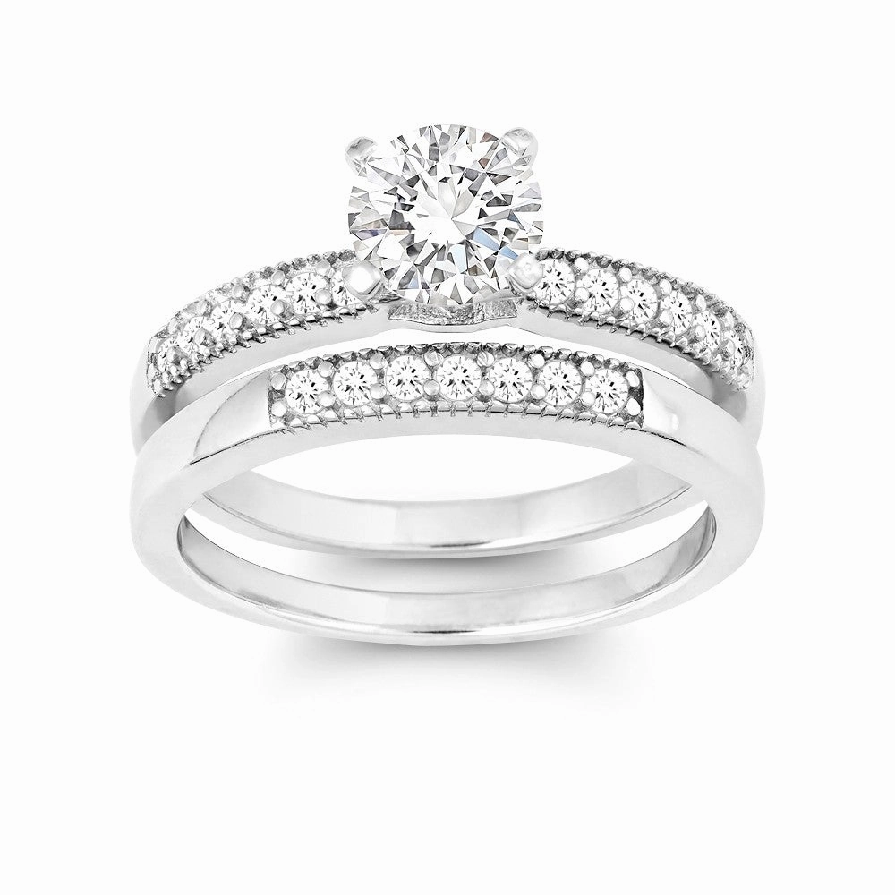 Sterling Silver CZ Engagement and Wedding Ring Set - W-9896